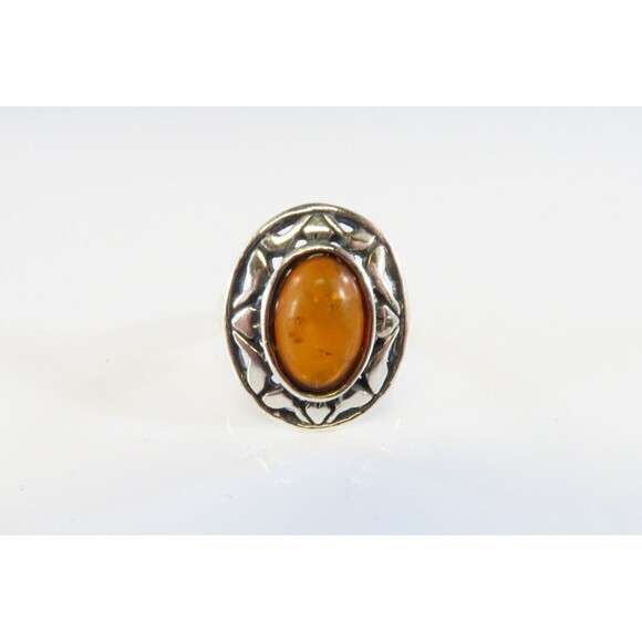 Pierced Silver & Orange Amber Cabochon Vintage Sterling Silver Ring Size 5.25 - Picture 1 of 7